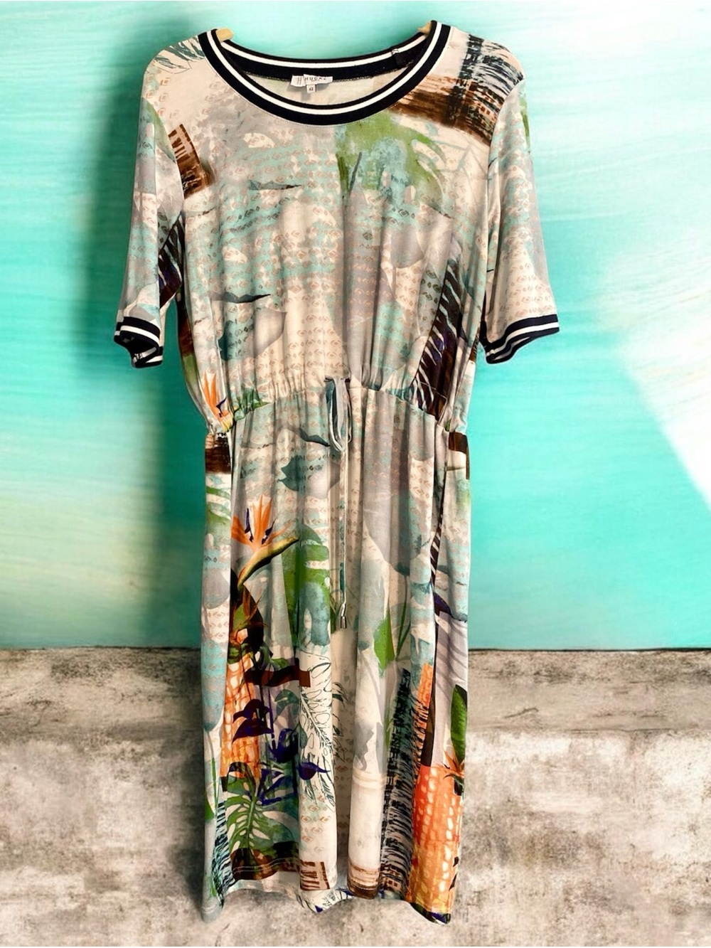 Hucke Berlin Tropical Abstract Floral Drawstring Waist Tee Shirt Dress Sz 42 XL